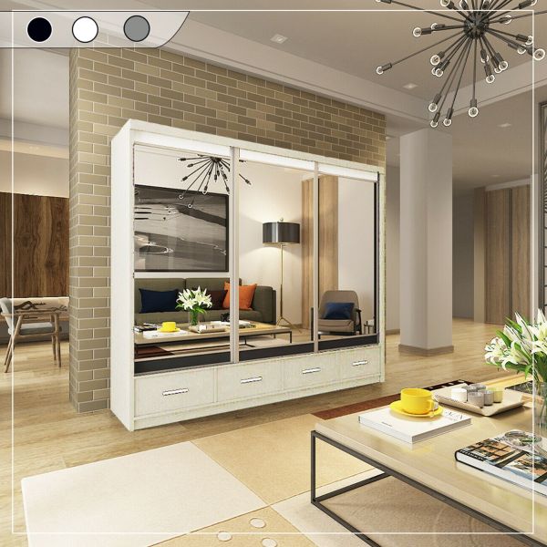 FURCO Newry 250cm White Mirrored Sliding 3 Door Wardrobe with Drawers - Elegant Storage Solution