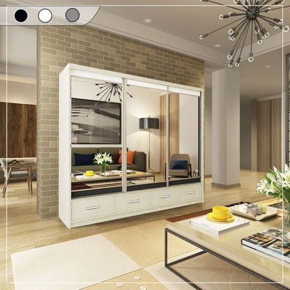 FURCO Newry 250cm White Mirrored Sliding 3 Door Wardrobe with Drawers - Elegant Storage Solution