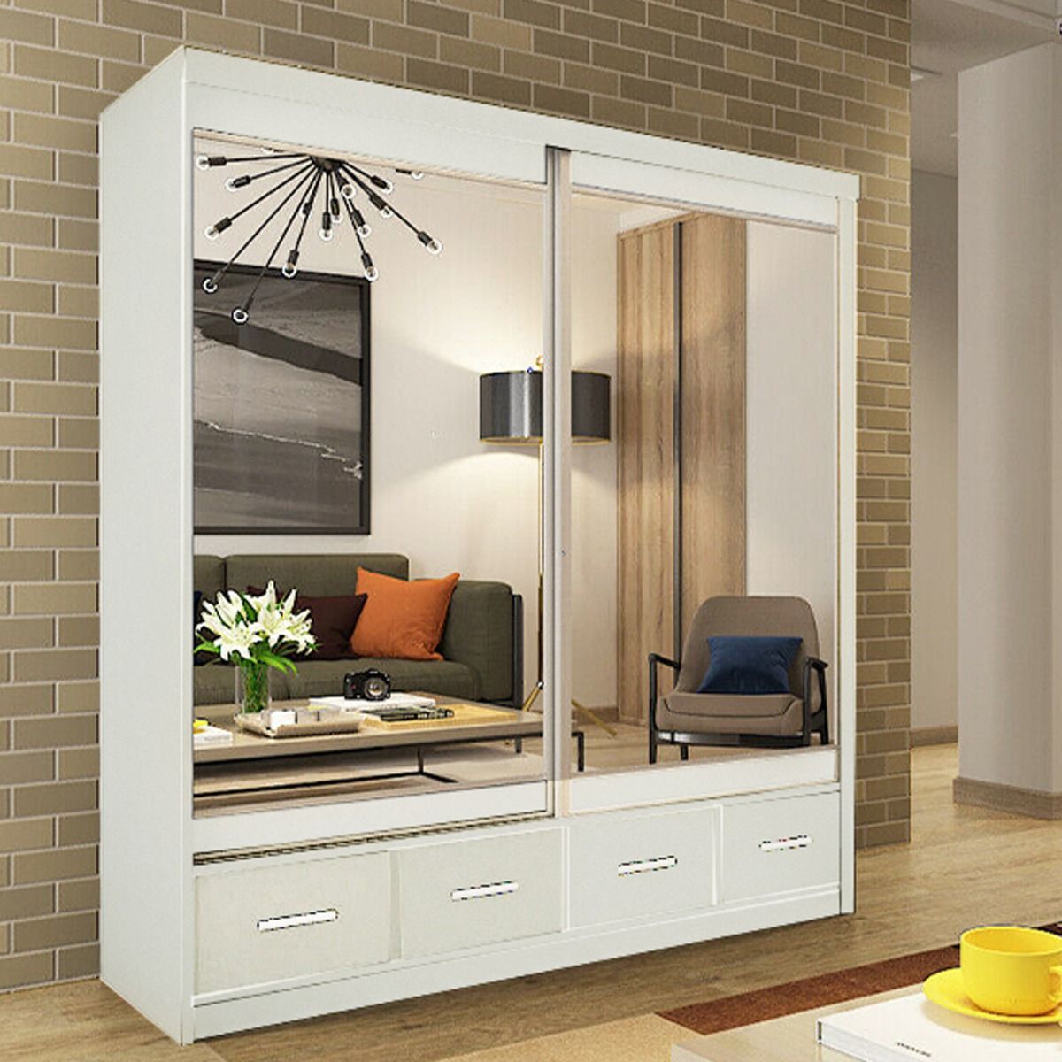 FURCO | Newry | White Sliding 2 Door Mirrored Wardrobe with Drawers | 150/200 cm | Spacious & Functional Elegance
