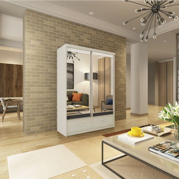 FURCO | Newry | White Sliding 2 Door Mirrored Wardrobe with Drawers | 150/200 cm | Spacious & Functional Elegance