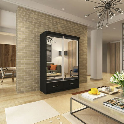 FURCO | Newry | White Sliding 2 Door Mirrored Wardrobe with Drawers | 150/200 cm | Spacious & Functional Elegance