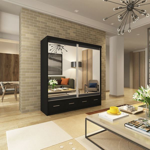 FURCO | Newry | White Sliding 2 Door Mirrored Wardrobe with Drawers | 150/200 cm | Spacious & Functional Elegance