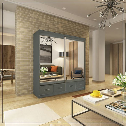 FURCO | Newry | White Sliding 2 Door Mirrored Wardrobe with Drawers | 150/200 cm | Spacious & Functional Elegance