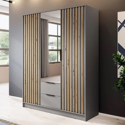 Niles Mirrored Wardrobe With 3 Hinged Doors In Grey