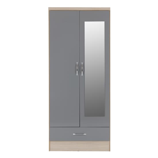 Noir 2 Doors 1 Drawer Mirrored Wardrobe In Grey Gloss And Oak