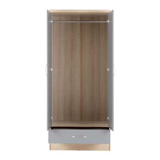 Noir 2 Doors 1 Drawer Mirrored Wardrobe In Grey Gloss And Oak