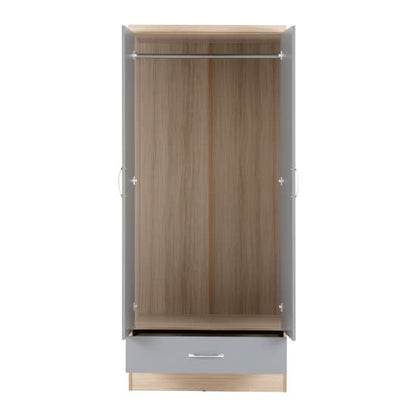 Noir 2 Doors 1 Drawer Mirrored Wardrobe In Grey Gloss And Oak