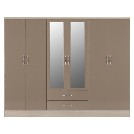 Noir Gloss 6 Door 2 Drawer Wardrobe In Oyster And Light Oak