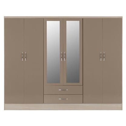 Noir Gloss 6 Door 2 Drawer Wardrobe In Oyster And Light Oak