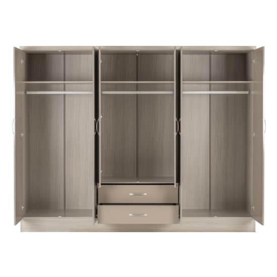 Noir Gloss 6 Door 2 Drawer Wardrobe In Oyster And Light Oak