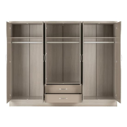Noir Gloss 6 Door 2 Drawer Wardrobe In Oyster And Light Oak