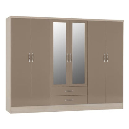 Noir Gloss 6 Door 2 Drawer Wardrobe In Oyster And Light Oak