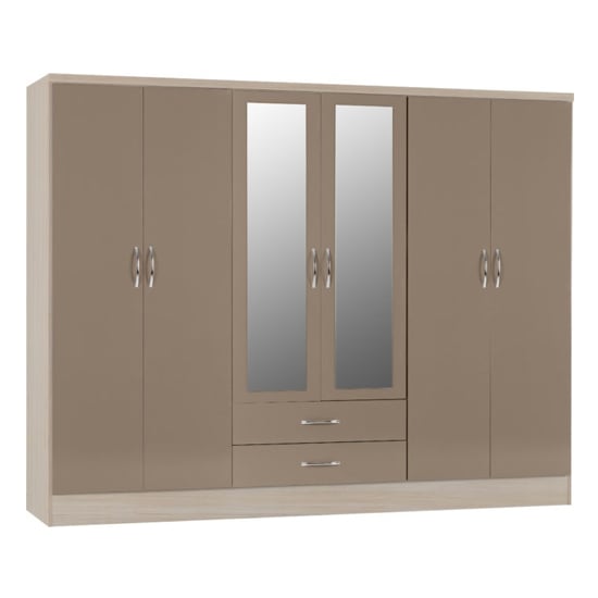 Noir Gloss 6 Door 2 Drawer Wardrobe In Oyster And Light Oak