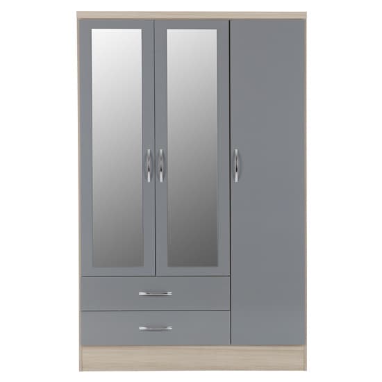 Noir 3 Doors 2 Drawers Mirrored Wardrobe In Grey Gloss And Oak