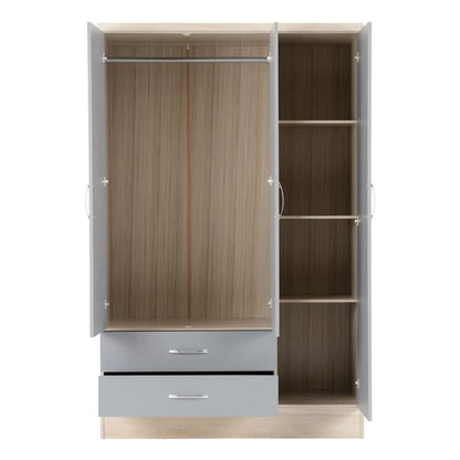 Noir 3 Doors 2 Drawers Mirrored Wardrobe In Grey Gloss And Oak