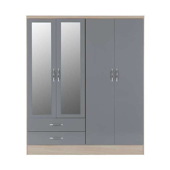 Noir 4 Doors 2 Drawers Mirrored Wardrobe In Grey Gloss And Oak