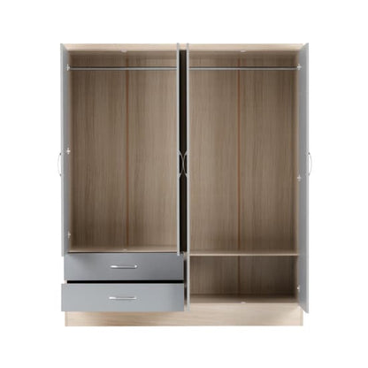 Noir 4 Doors 2 Drawers Mirrored Wardrobe In Grey Gloss And Oak