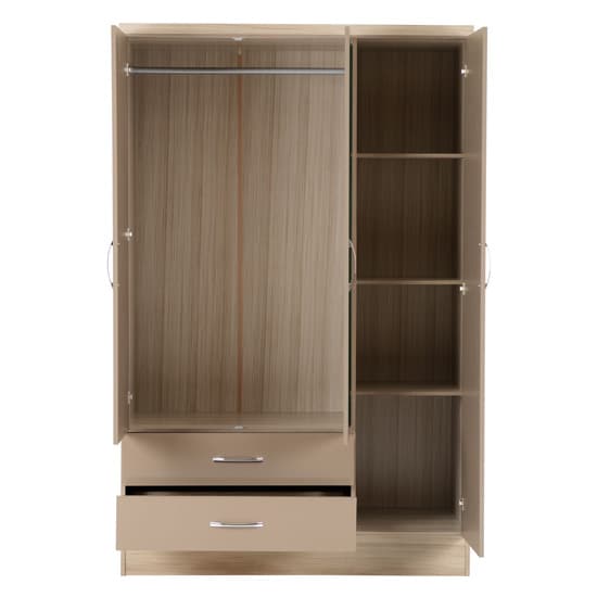 Noir 3 Door 2 Drawer Mirrored Wardrobe In Oyster Gloss And Oak