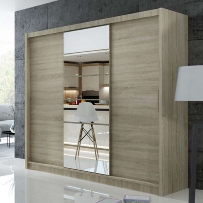 Rotherham Warm Wood Effect Sliding 3 Door Mirror Wardrobe - Oak Sonoma