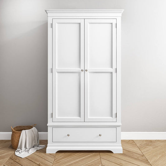 White Painted 2 Door Double French Wardrobe with Drawer - Olivia