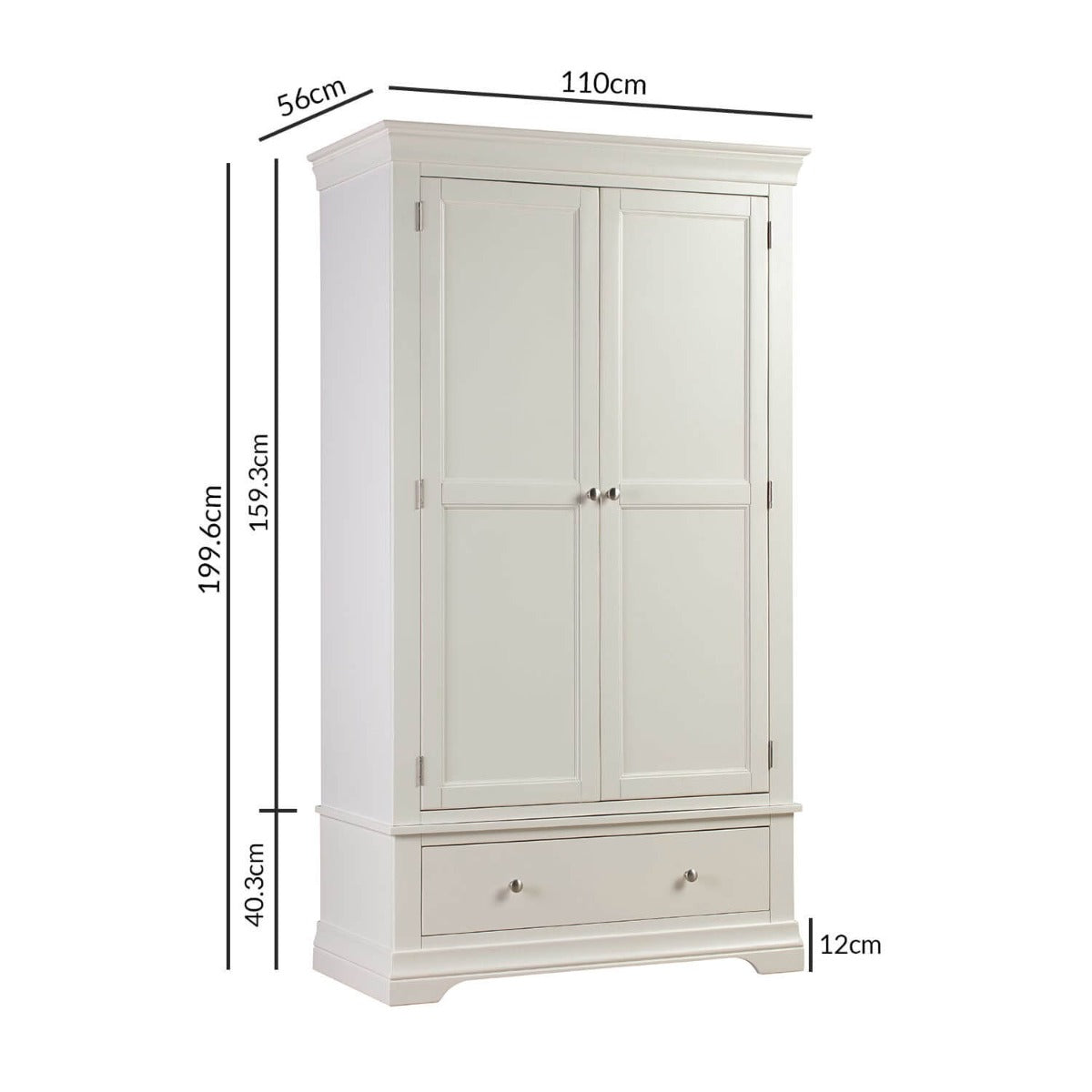 White Painted 2 Door Double French Wardrobe with Drawer - Olivia