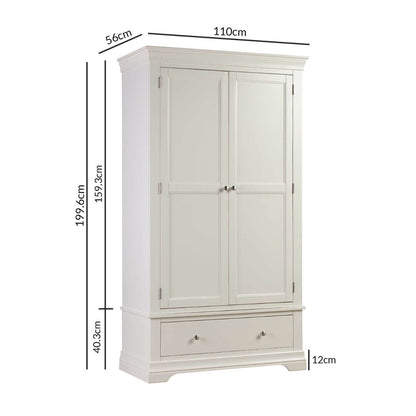 White Painted 2 Door Double French Wardrobe with Drawer - Olivia