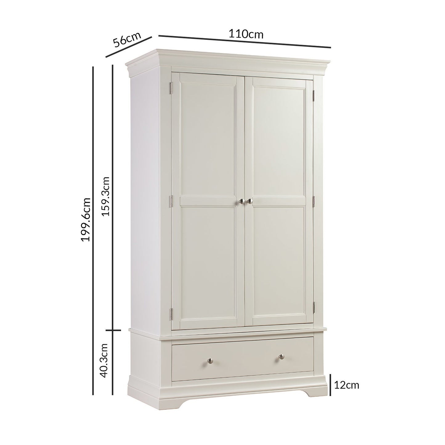 White Painted 2 Door Double French Wardrobe with Drawer - Olivia