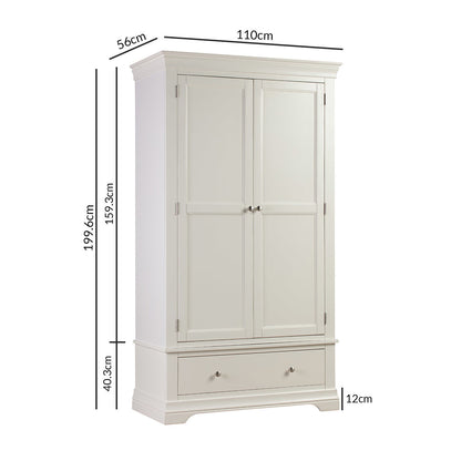 White Painted 2 Door Double French Wardrobe with Drawer - Olivia