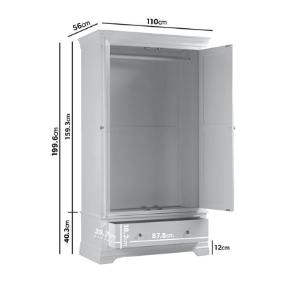 Grey Painted 2 Door Double French Wardrobe with Drawer - Olivia