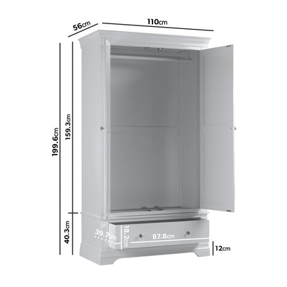 Grey Painted 2 Door Double French Wardrobe with Drawer - Olivia