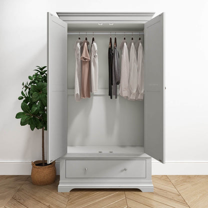 Grey Painted 2 Door Double French Wardrobe with Drawer - Olivia