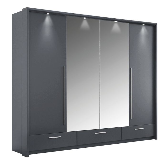 Lindsey 255cm Large Swing 3 Door Wardrobe with Mirror and 3 Drawers - Graphite
