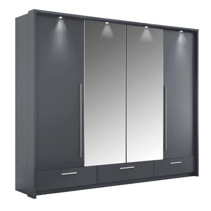 Lindsey 255cm Large Swing 3 Door Wardrobe with Mirror and 3 Drawers - Graphite
