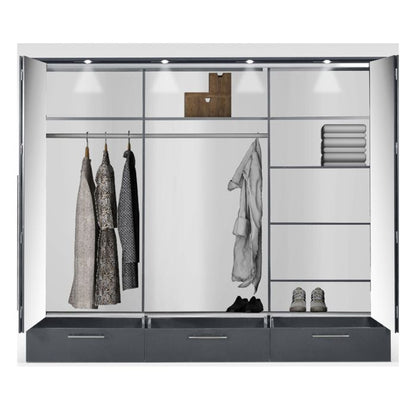 Lindsey 255cm Large Swing 3 Door Wardrobe with Mirror and 3 Drawers - Graphite
