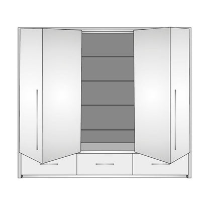 Lindsey 255cm Large Swing 3 Door Wardrobe with Mirror and 3 Drawers - White