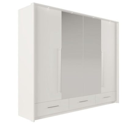 Lindsey 255cm Large Swing 3 Door Wardrobe with Mirror and 3 Drawers - White