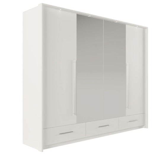 Lindsey 255cm Large Swing 3 Door Wardrobe with Mirror and 3 Drawers - White