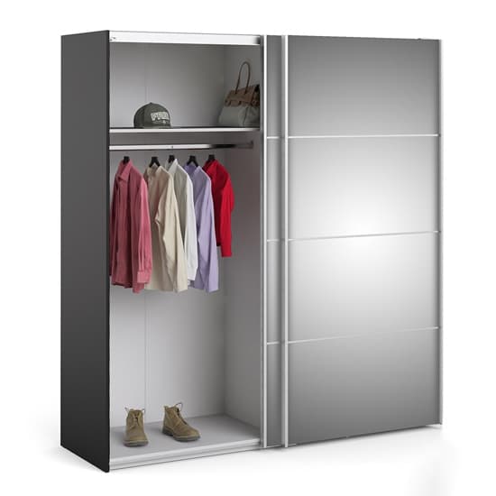 Opim Mirrored Sliding 2 Door Wardrobe In Matt Black With 5 Shelves
