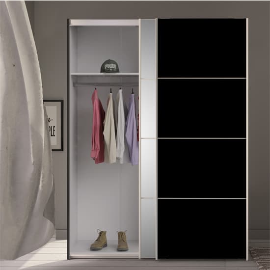 Opim Mirrored Sliding 2 Doors Wardrobe In Black With 2 Shelves