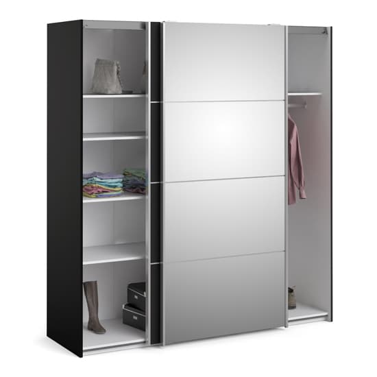 Opim Mirrored Sliding 2 Doors Wardrobe In Black With 5 Shelves