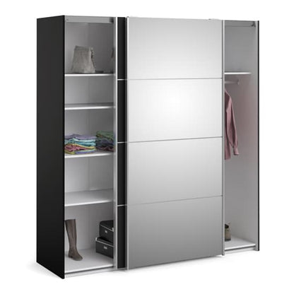 Opim Mirrored Sliding 2 Doors Wardrobe In Black With 5 Shelves