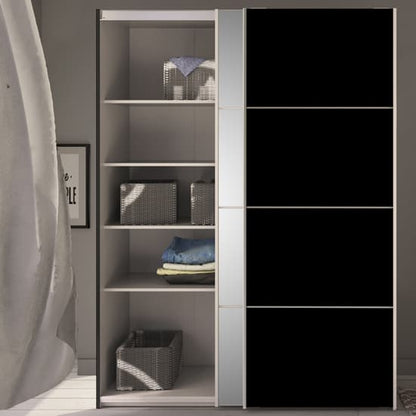 Opim Mirrored Sliding 2 Doors Wardrobe In Black With 5 Shelves