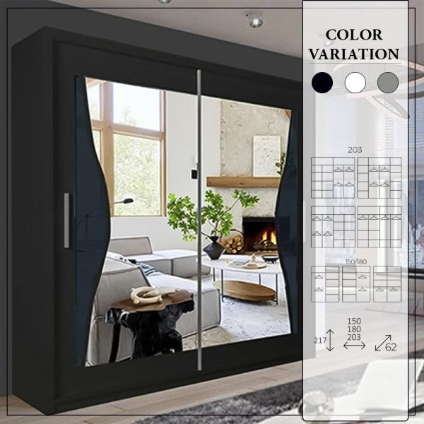 FURCO | Heffner Black | Sliding 2 Door Wardrobe | Offered in 3 Sizes | Sophisticated & Functional