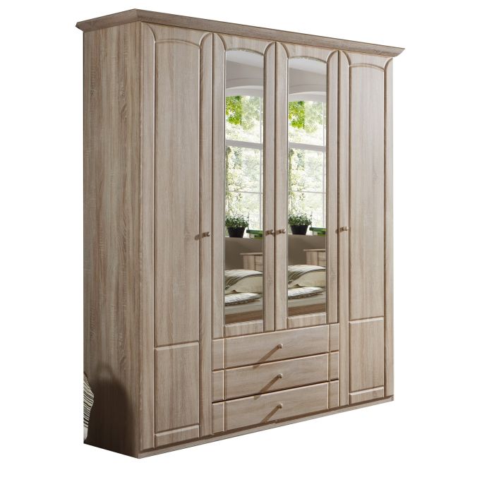 Vilma 4 Door 3 Drawer Mirrored Wardrobe | Classic Oak Finish | Furco