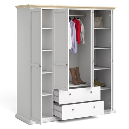 Paroya Wooden 4 Doors 2 Drawers Wardrobe In White And Oak