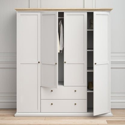 Paroya Wooden 4 Doors 2 Drawers Wardrobe In White And Oak