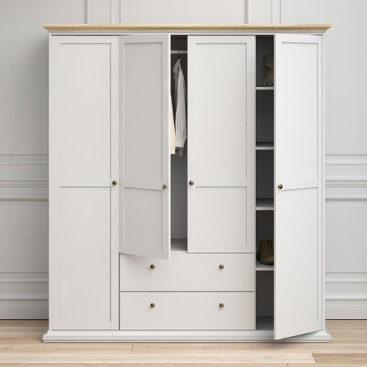 Paroya Wooden 4 Doors 2 Drawers Wardrobe In White And Oak