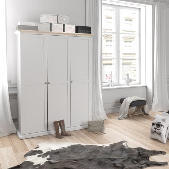Paroya Wooden Triple Door Wardrobe In White And Oak