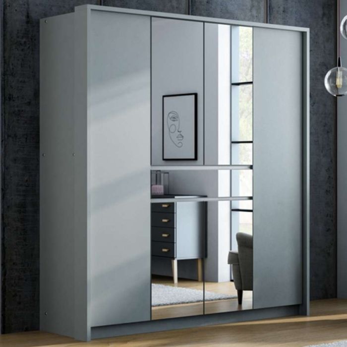 Waverley Platinum Grey 6 Door Wardrobe with Mirror & Drawer | Sleek & Functional | Furco