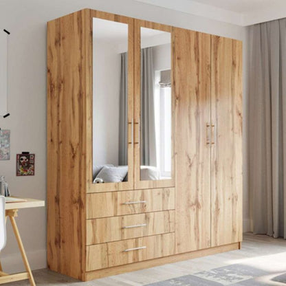 Lincolnshire Stylishy Design Mirrored 4 Door Wardrobe with 3 Drawers - Oak Wotan